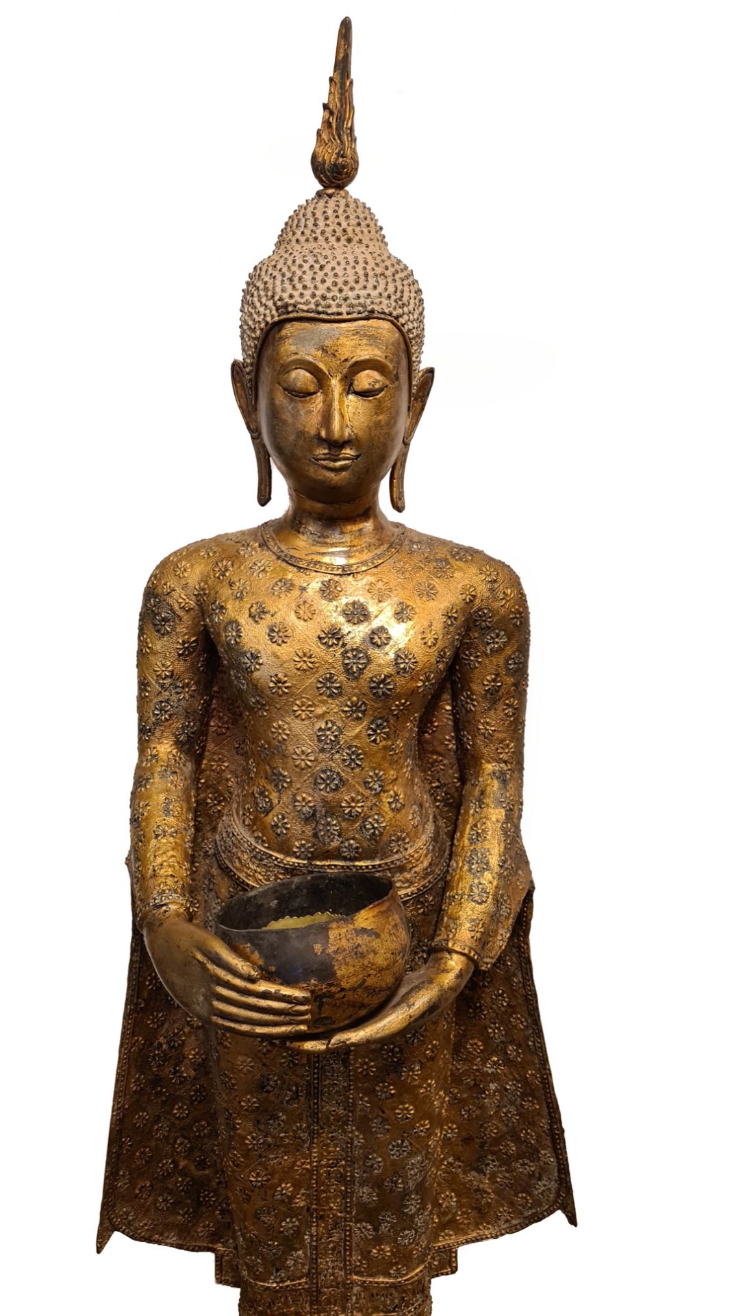 Stehender Buddha, Gabenschale haltend, Metall, farbig gefasst, - Image 2 of 4