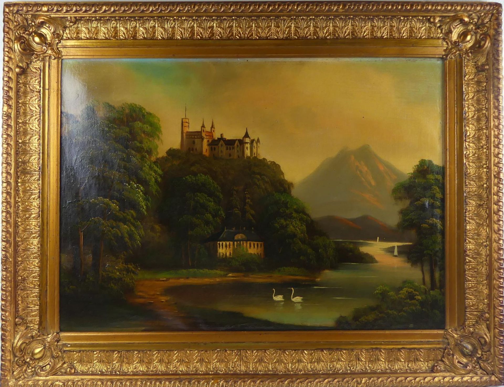 "Burg am Fluss", Öl/L, ohne Sig., ca. 54 x 75, aufwendiger Rahmen