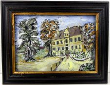 "Ansicht eines Gutshofs", Gemälde, ohne Signatur, Öl/Spannplatte, ca. 26 x 33 cm,