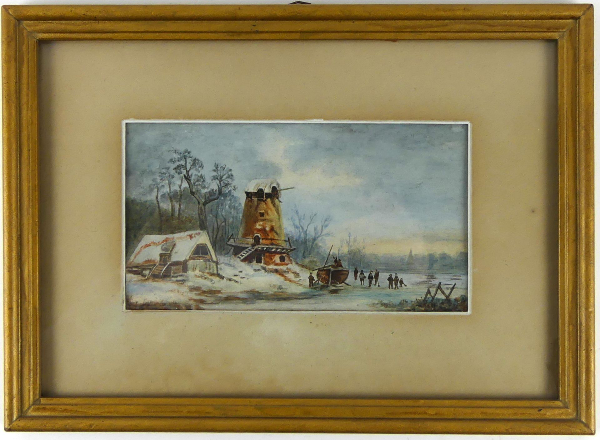 "Niederländische Winterlandschaft mit Mühle", Aquarell, ohne Signatur,