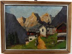 EDUARD HOPF (1901-1973), "Dorf mit Kirche in den Alpen", Öl/Hartfaserplatte,