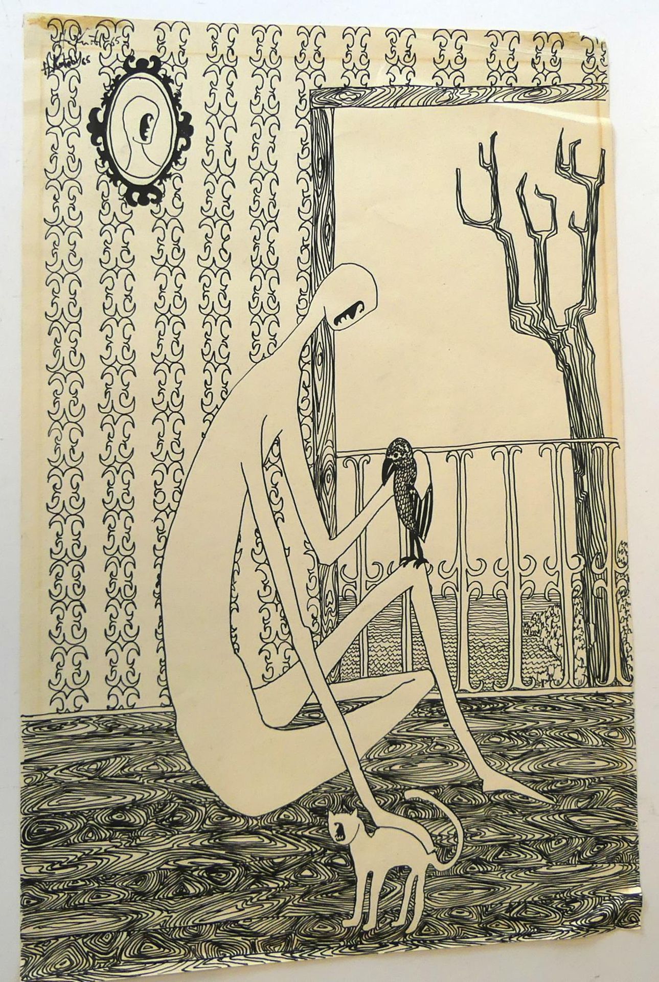 Wohl H. KNÖBL, "Dame mit Raben und Katze", Tuschezeichnung, ca. 60 x 38 cm