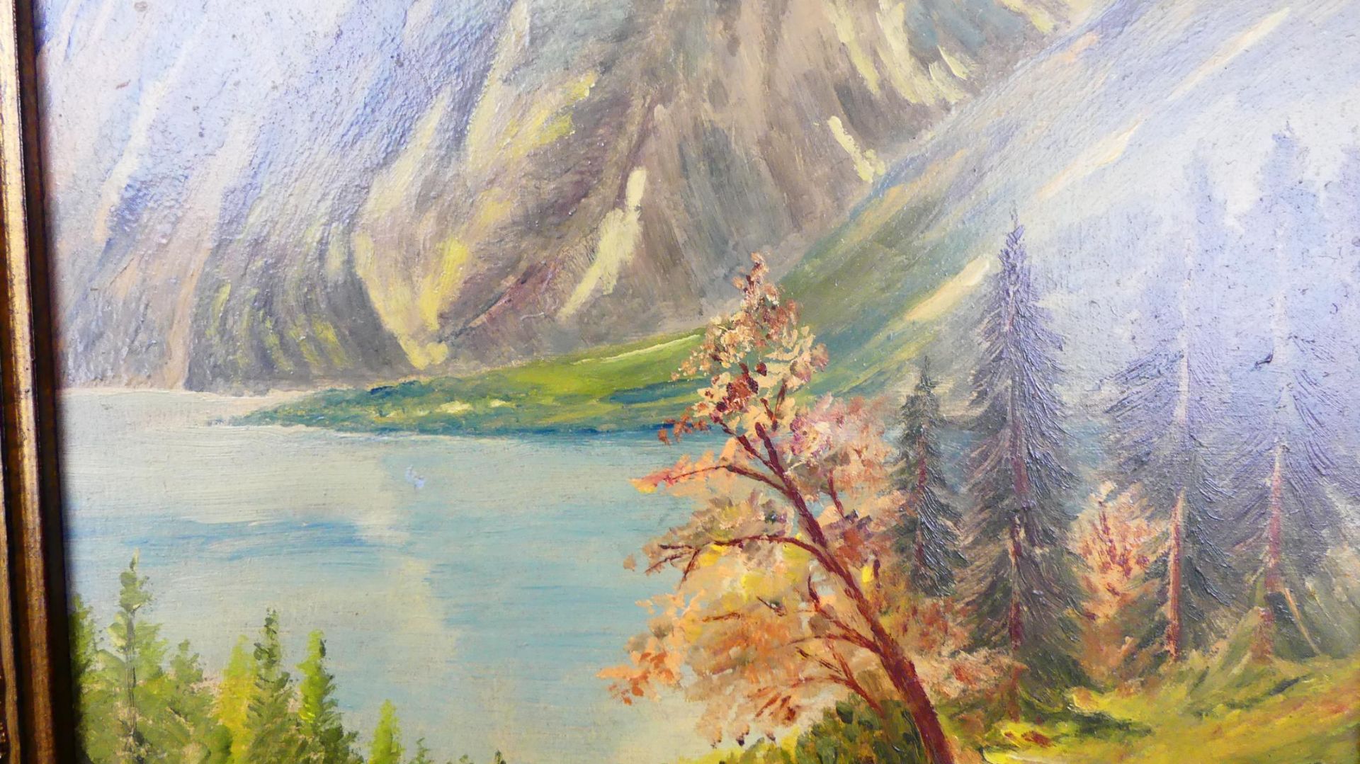 "Bergpanorama", Öl/Hartfaserplatte, ohne Sig., ca. 31 x 24,gerahmt 44 x 38 cm - Bild 2 aus 2