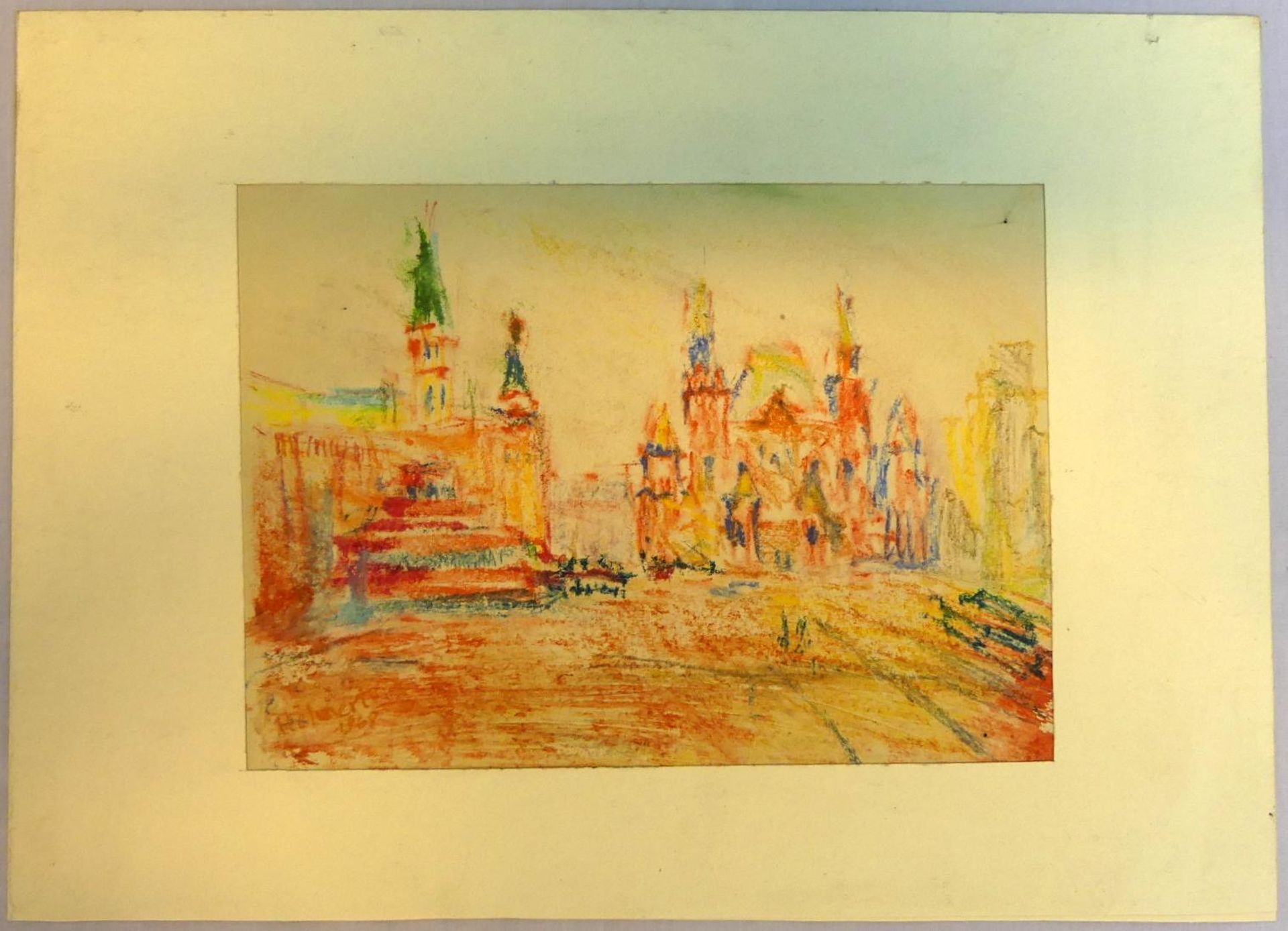 HERBERT HELMERT (1924-1997), "Stadt mit Kathedrale", Farbkreide/Papier,