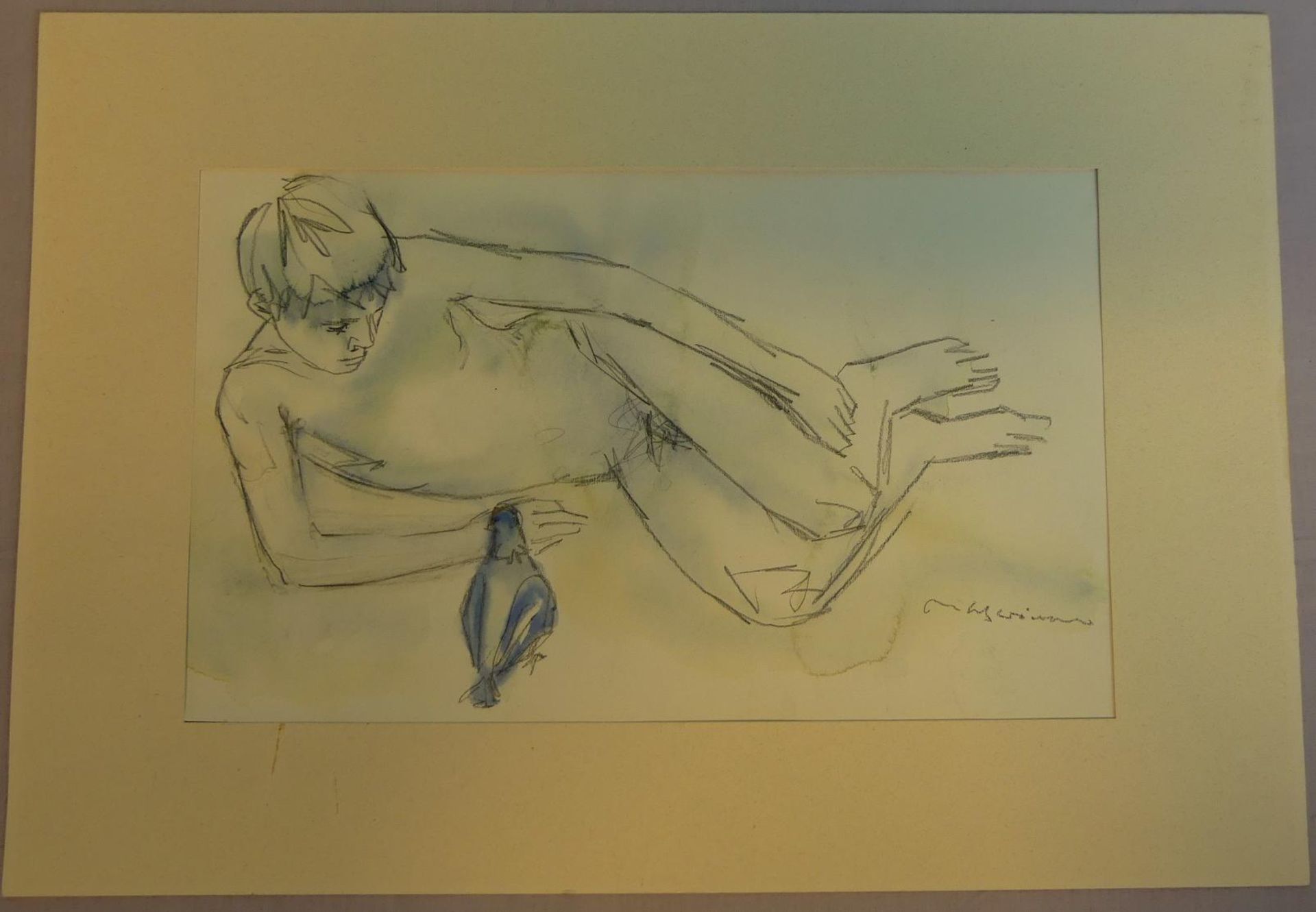M. SCHWIMMER, "Nackter Junge mit Taube", Aquarell/Bleistift/Papier,