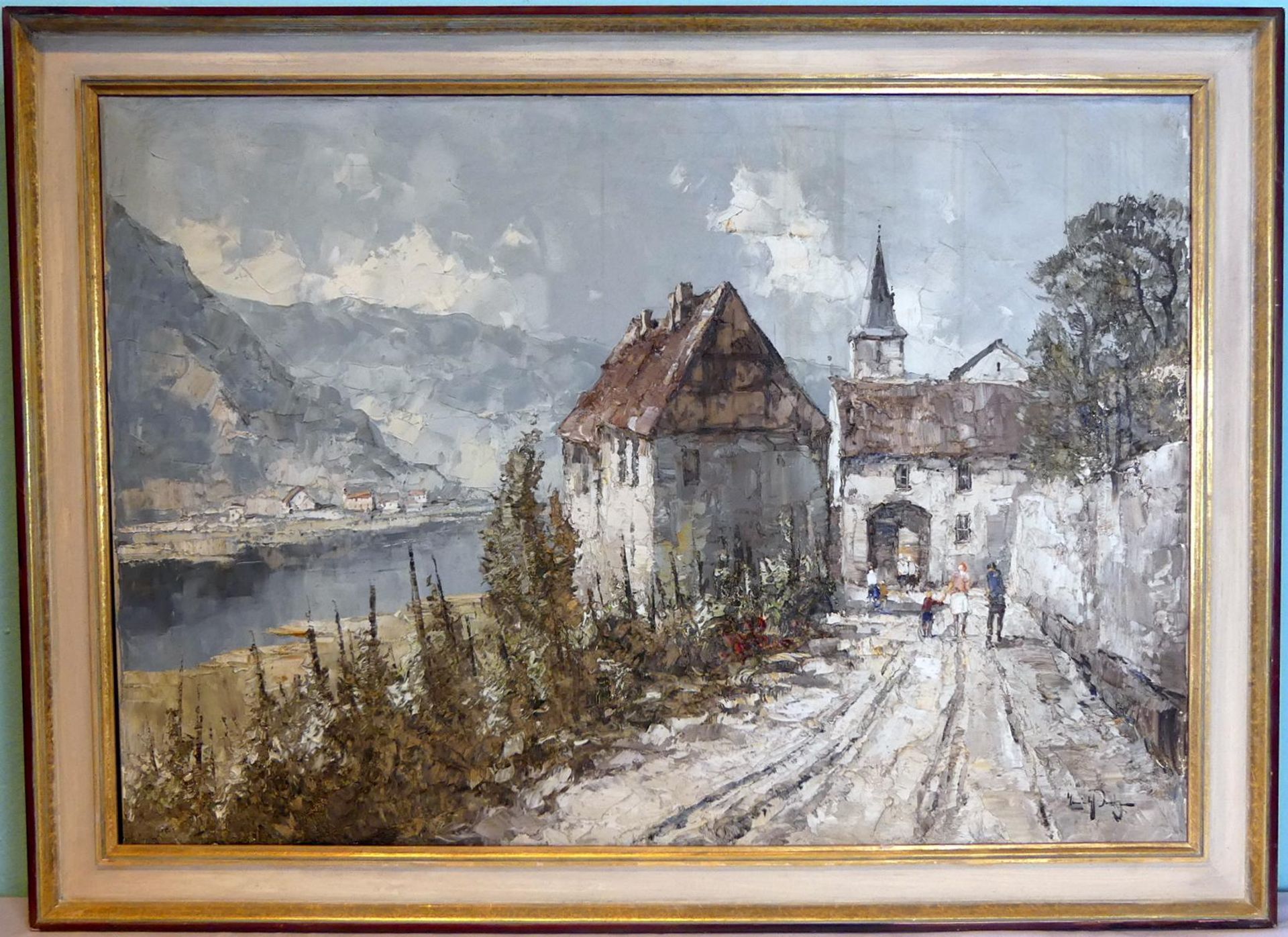 "Dorf am Bergsee", Öl/L., u. re. unles. sig., ca. 71 x 99, gerahmt 83 x 113 cm,