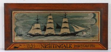 20th Century painted panel, inscribed "1851 Nightingale Portsmouth", depicting a three masted