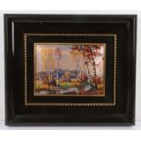 A Limoges enamel plaque depicting a Barbizon River Scene, indistinctly signed and inscribed '