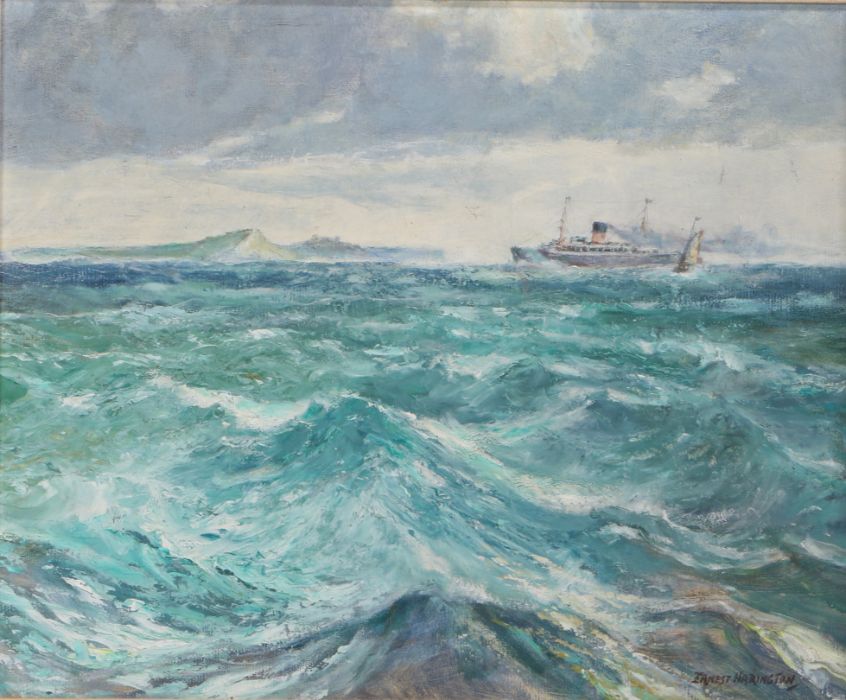 Ernest Harington (20th Century), choppy seas with ship and coastline tot he rear, signed oil on