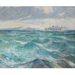 Ernest Harington (20th Century), choppy seas with ship and coastline tot he rear, signed oil on