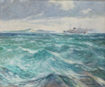 Ernest Harington (20th Century), choppy seas with ship and coastline tot he rear, signed oil on