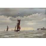 Roger Roland Sutton Fisher (1919-1992), barges off a coastline, signed oil on board, housed in a
