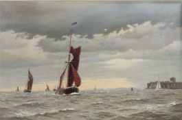 Roger Roland Sutton Fisher (1919-1992), barges off a coastline, signed oil on board, housed in a