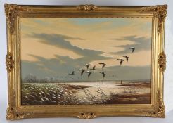 Keith W Hastings (20th Century), 'Evening Flight - Geese over Breydon', signed (lower right),oil