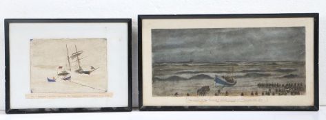 Two watercolour sketches depicting Aldeburgh beach Suffolk, titled "The Launch of the Lifeboat '