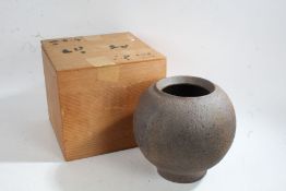 Contemporary Chinese pot, of bulbous form, housed in original pine box, the pot 21cm tall
