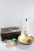 A collection of objects, to include an Alabaster lamp, ink well, silver and enamel brush, a locked