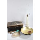 A collection of objects, to include an Alabaster lamp, ink well, silver and enamel brush, a locked
