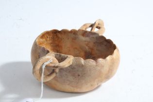 19th Century birch bowl, probably Scandinavian, with turned ring handles, 14cm wide across handles