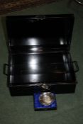 Metal storage case, together with a 300th Anniversary commemorative dish to C. Hoare & Co Bank, in