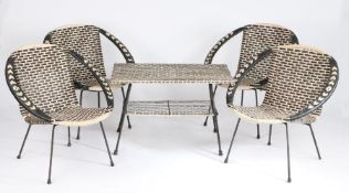 1970's rattan table and chairs, comprising two tier rectangular table and four chairs, in black