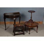 Mahogany demi-lune side table, together with a small oak joint stool, a walnut piecrust bordered