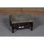 19th/20th century oak and upholstered foot stool, with turned supports and plain stretchers, 35cm