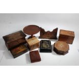 Collection of wooden ware, to include a 19th century rosewood sarcophagus tea caddy, an oak tazza, a