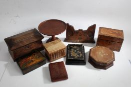 Collection of wooden ware, to include a 19th century rosewood sarcophagus tea caddy, an oak tazza, a