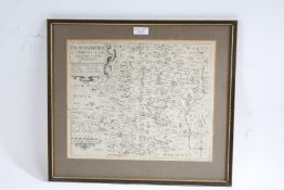 20th century map of Hertfordshire, housed within a gilt and ebonised frame, 46cm by 40cm