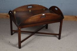 20th century mahogany butlers tray on stand, the tray with lift up sides raised on square feet, 95cm