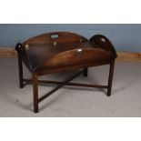 20th century mahogany butlers tray on stand, the tray with lift up sides raised on square feet, 95cm