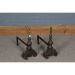 Pair of cast iron and brass fire dogs/andirons, 40cm high