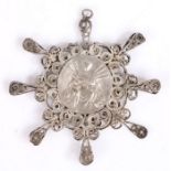 19th century white metal filigree metal pendant, with a central plaque depicting Christ being lifted