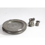 Three items of pewter to include a 19th century Watts & Harton of London pewter hot plate together