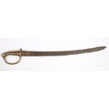 19th century briquet type short sword, slightly curved steel blade with brass handle and 'D'