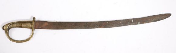 19th century briquet type short sword, slightly curved steel blade with brass handle and 'D'