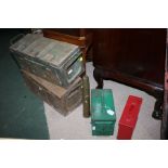 Four metal ammo cases/boxes, one box dated 1941, and a brass shell case dated 1957 (5)