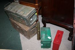Four metal ammo cases/boxes, one box dated 1941, and a brass shell case dated 1957 (5)