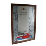 Cadillac advertising mirror, with an Art Deco design of figures and a red and blue Cadillac to the