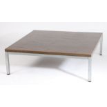 20th century oak effect low coffee table, of square form, with metal framed base and legs, 100cm