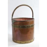 Copper and brass banded coal/log scuttle, with swing handle, 32cm diameter