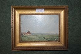 English School (20th Century) East Anglian Landscape with mill, oil on board Indistinctly signed