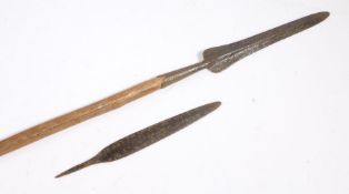 African Tribal Assegai, rough wrought iron spearhead, fixed to a wooden shaft, together with a