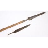 African Tribal Assegai, rough wrought iron spearhead, fixed to a wooden shaft, together with a