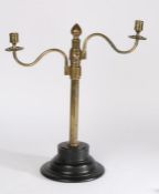 Gothic style two branch brass candelabra, with a pair of adjustable arms attached to a cylindrical