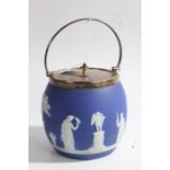 Wedgwood jasperware biscuit barrel, with classical figures on a blue ground and silver plated