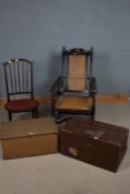 Two painted pine storage chests, together with a cane seated adjustable armchair and a stick back