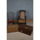 Two painted pine storage chests, together with a cane seated adjustable armchair and a stick back