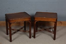 Pair of 20th century mahogany tables, the rectangular top above plain legs and a pierced stretchers,